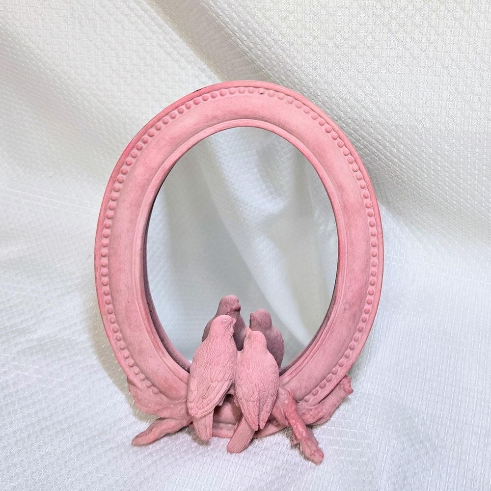 Love Birds Mirror Pink Resin Wall Table Vanity Dresser Accent Cottage Bohemian